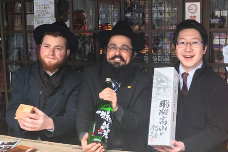 Rabbi Edery and CEO Hiroki Arisu outside Funasaka Sake Brewery in Gifu, Japan.