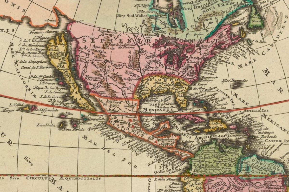 A 1725 map by Christoph Weigel, showing California as a large island, with a sketchy territory to its north, labelled ‘Terra Essonis’. Helpful legend in the top left corner: ‘Gold Catholisch; Erdfarb Heydnisch’ (yellow-coloured countries: catholic; earthen-coloured countries: heathen). California counts as catholic, as does Florida.