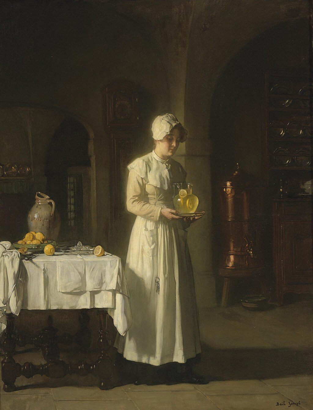 A 19th-century painting of a maid holding a pitcher of lemonade. 