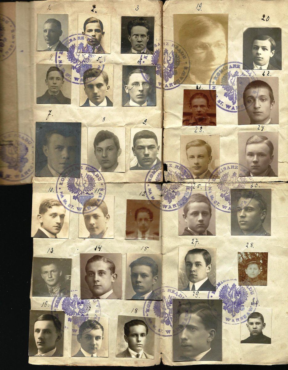 This collective passport was issued to a Polish group in 1923, and featured a total of 30 men, who appear to have been high school students.