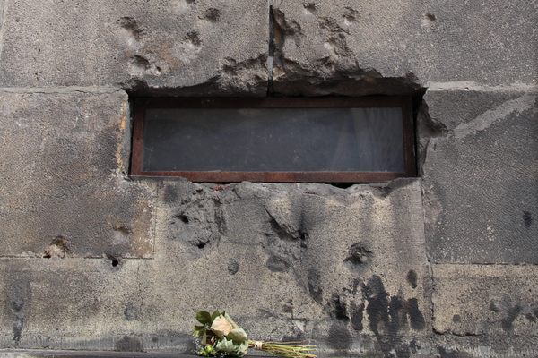 Bullet holes in the church.