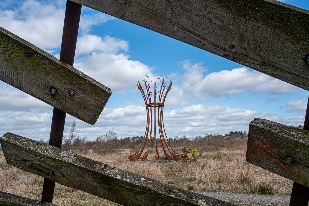 The view of one sculpture, “Cycles,” while inside of another, “Boora Convergence.”