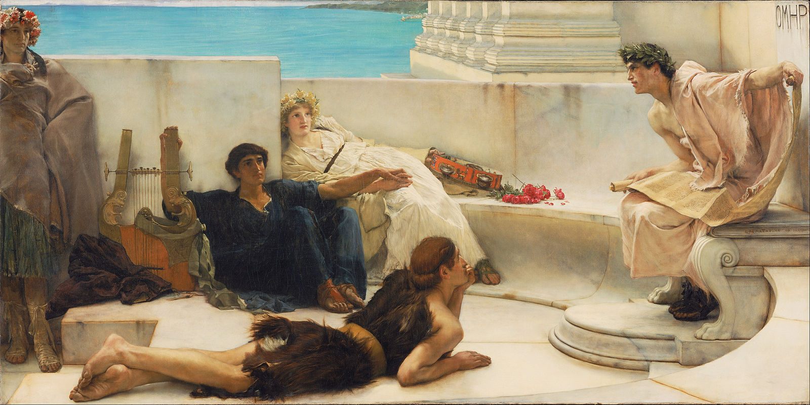 A Victorian-era painting, by Lawrence Alma-Tadema, of friends reading aloud to each other way back in Homeric Greece.