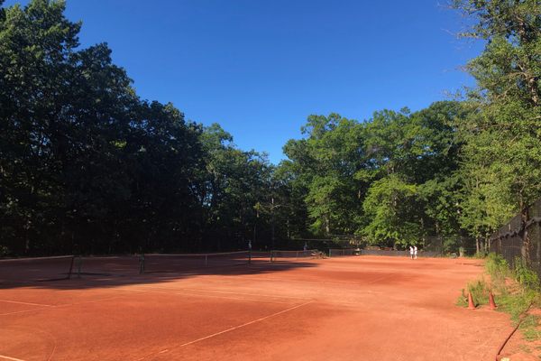 Red clay, green trees and blue sky on an August morning. !