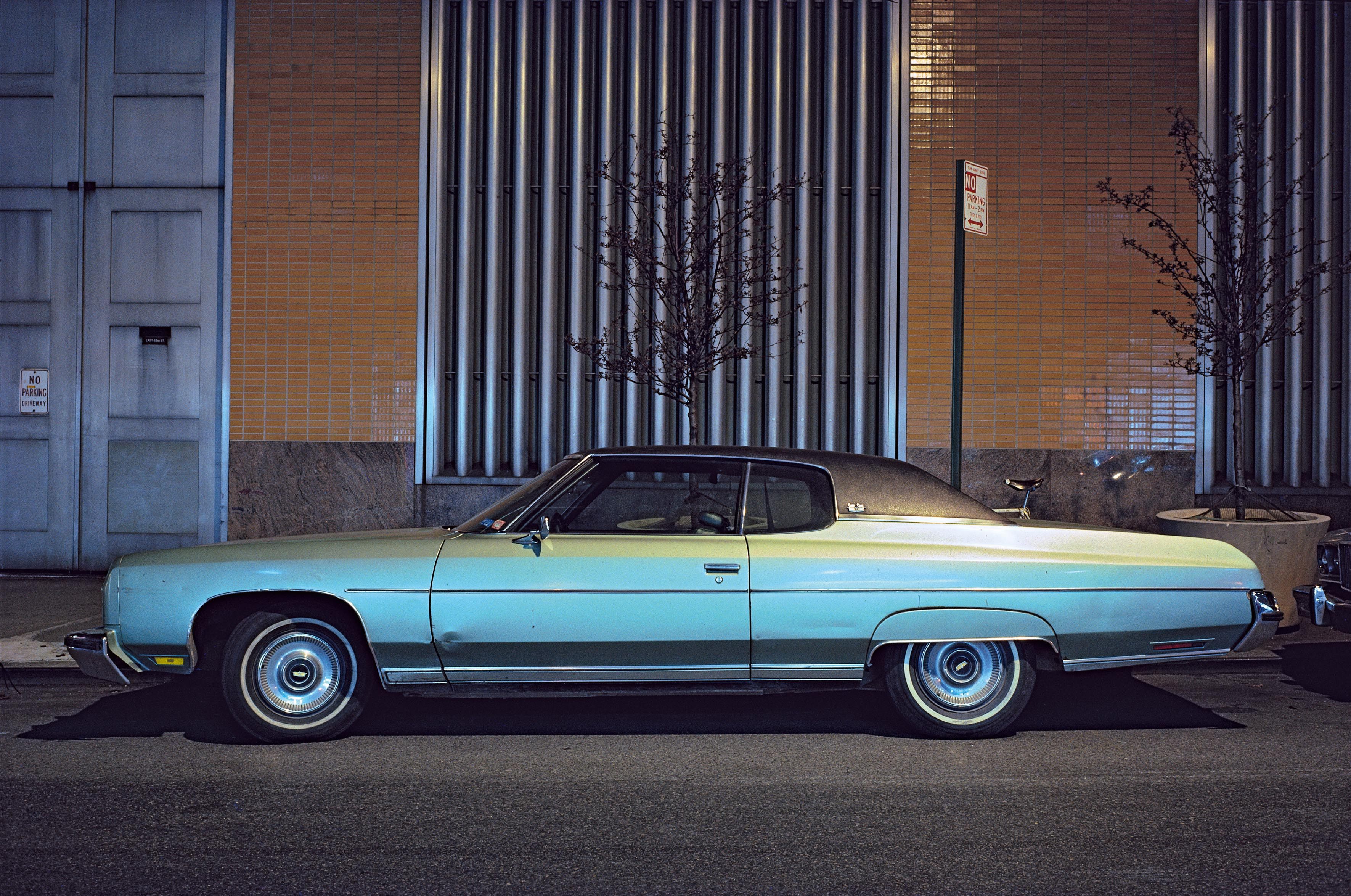 <em>Silver Fish, Chevrolet Impala Custom Coupe, in front of Con Edison substation, 1975.</em>