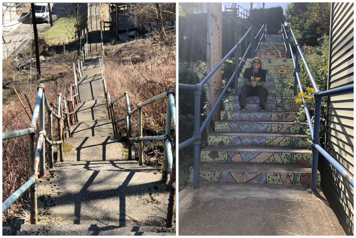 The Rising Main staircase (left); Laura Zurowski on Oakley Way.