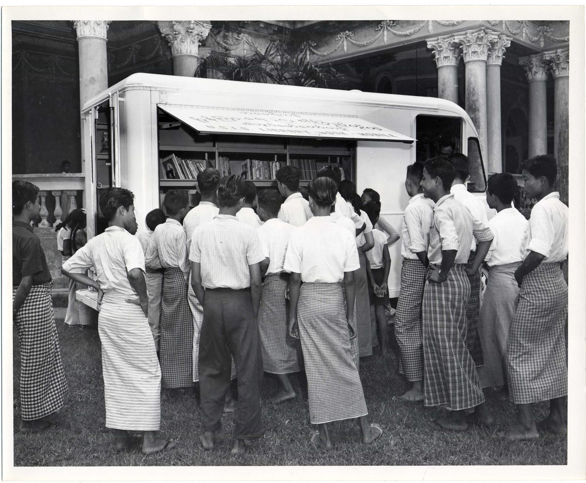 A bookmobile in Yangon, Myanmar (then Rangoon, Burma), c. 1950s.