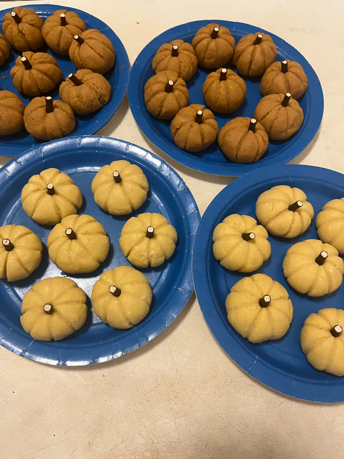 I made half of my pumpkin-shaped <em>mithai</em> with pumpkin and half with mango puree.