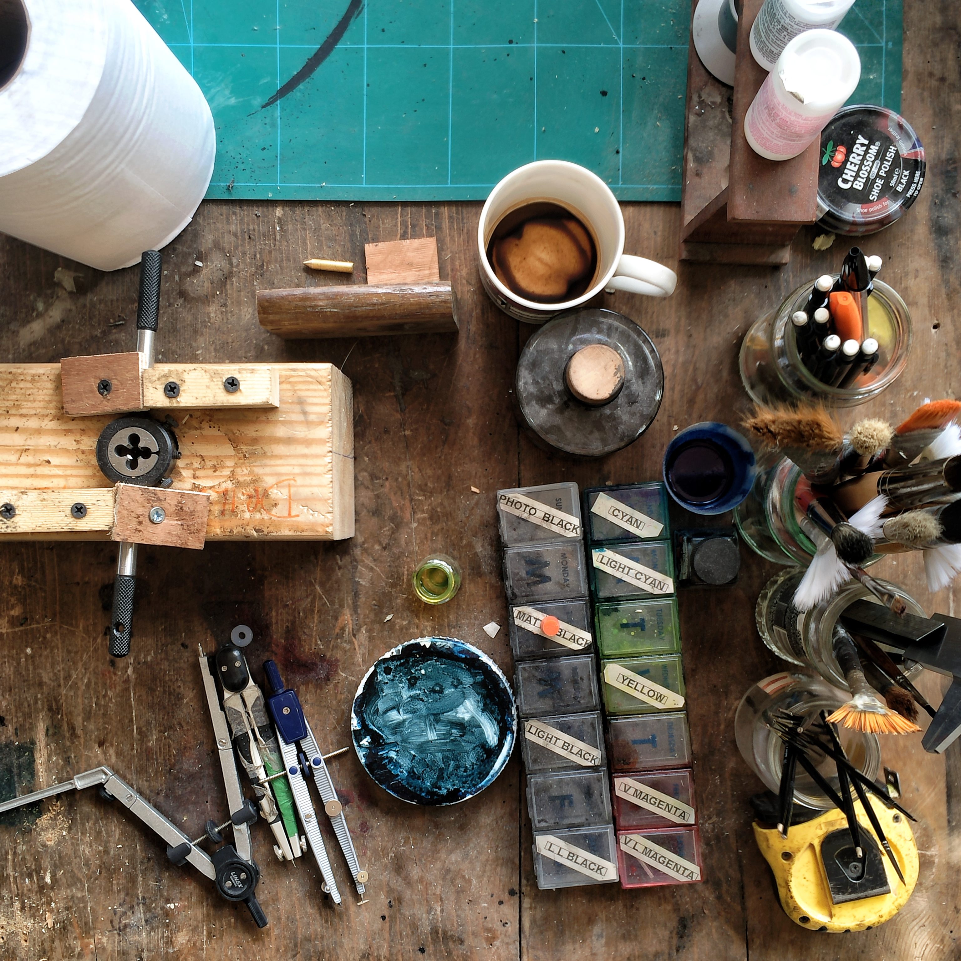 Tap and Die, paints, tools, the desk of a globemaker by Gareth Pon.