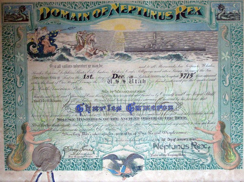 Shellback certificate awarded to Charles Cameron, aboard USS Utah (BB-31), commemorating his first crossing of the equator, December 1, 1928. This is typical of certificates awarded in the pre-WWII period.