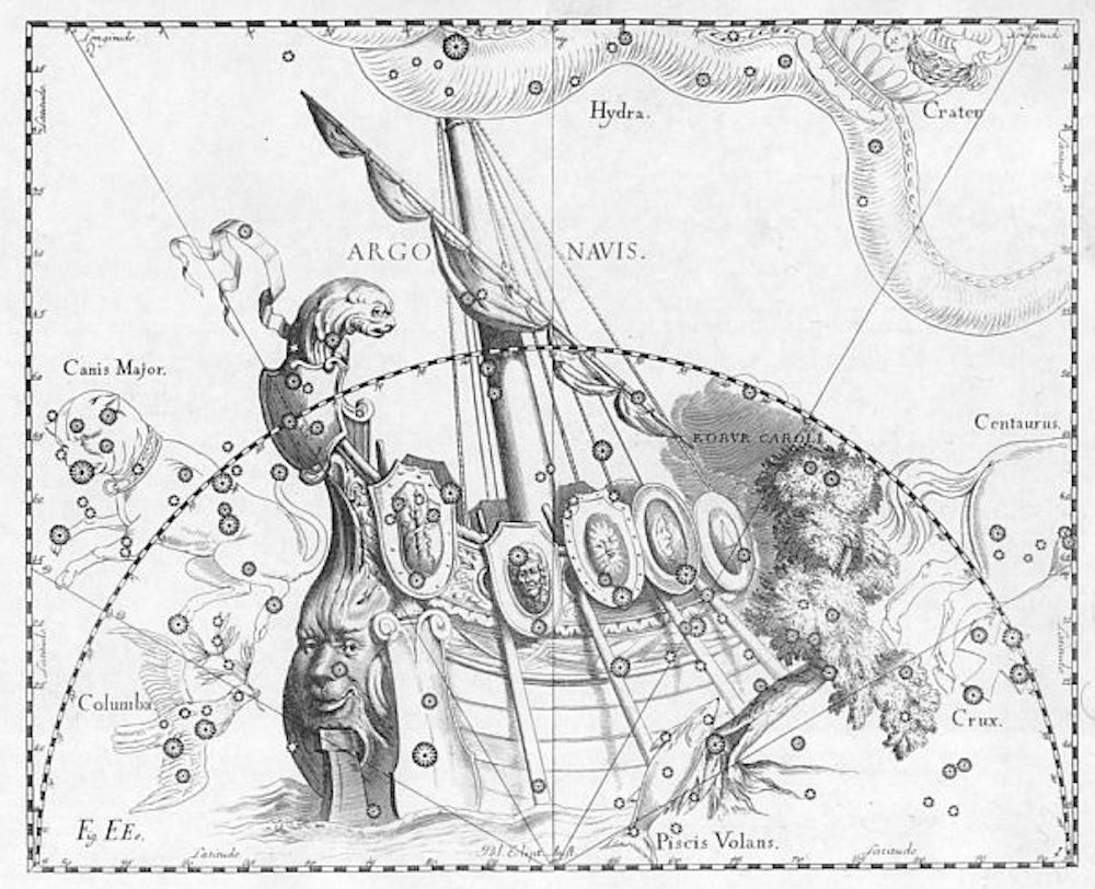 The oak is visible on the right of this illustration of <em>Argo Navis</em> from <em>Uranographia</em>, by Johannes Hevelius, 1690.