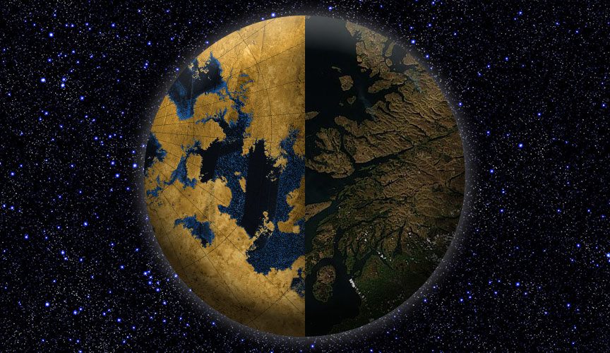 The surface of Titan, Saturn's largest moon (left), evokes the jagged Scottish coast (right).