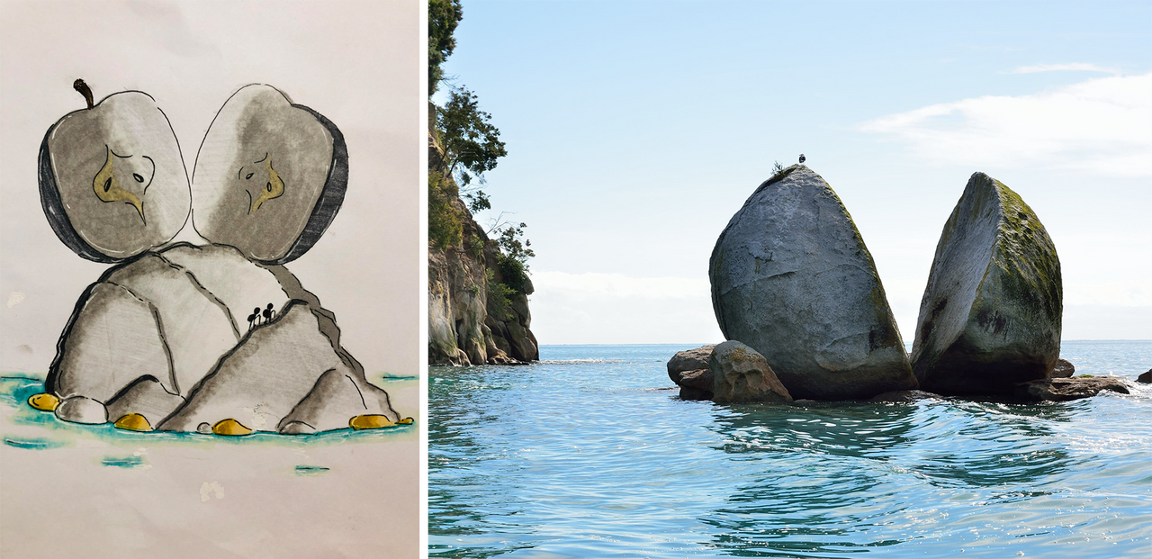 An interpretation of Tokangawhā / Split Apple Rock compared to the actual rock formation in Kaiteriteri, New Zealand, drawn by Yincheng Qian, a 12-year-old artist from Dallas, Texas. 