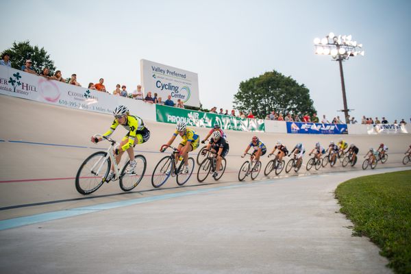 Cyclists race on the track at the Valley Preferred Cycling Center (a.k.a. The Lehigh Valley Velodrome). 