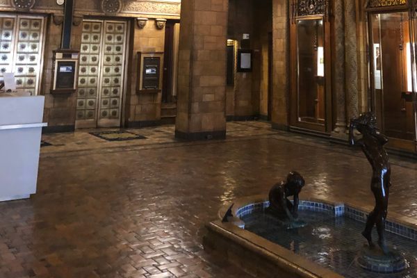 Atrium interior and fountain.