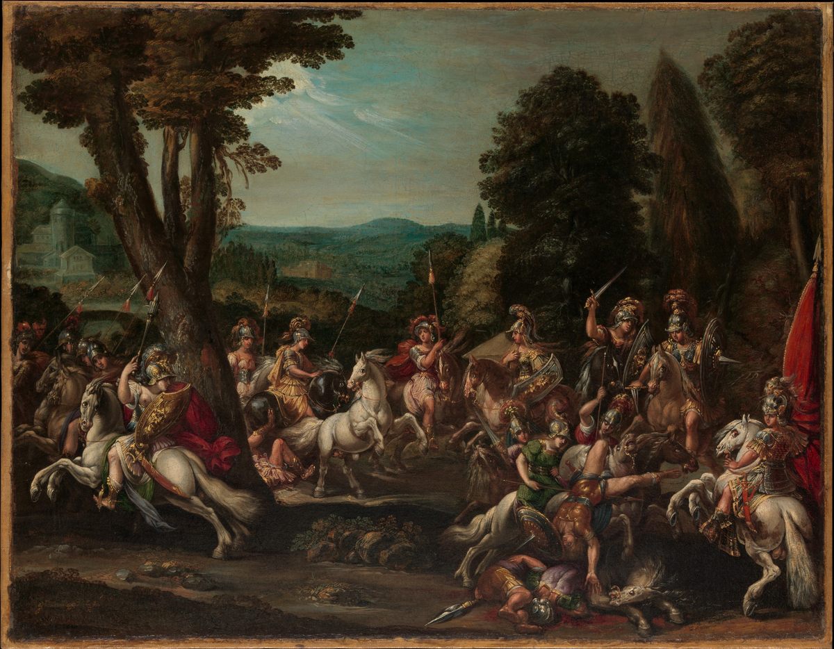 This 17th-century imagining of the Amazon warriors neglects the women's recurve bows, showing them wielding spears and swords—also part of their historic arsenal—instead.