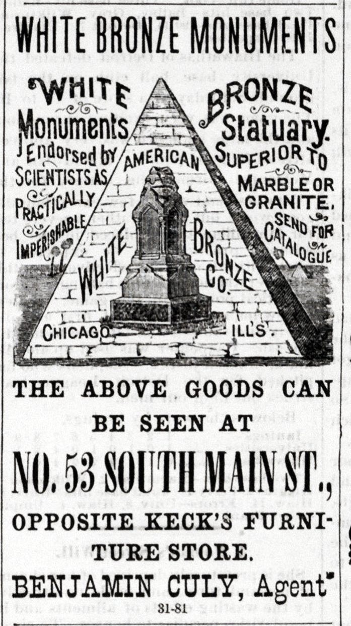 An advertisement for "White Bronze Monuments" from an 1887 issue of the Ann Arbor Courier.