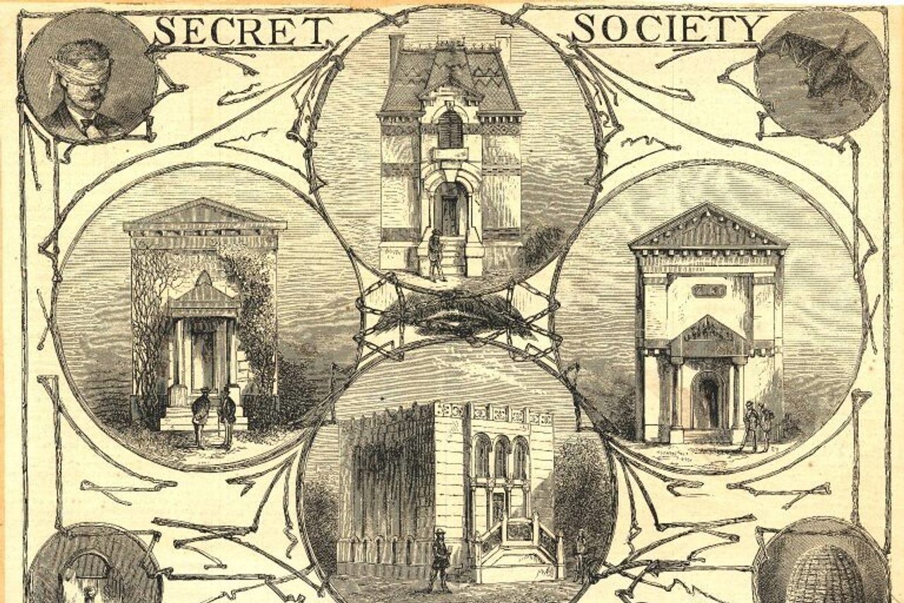 Illustration by Miss Alice Heighes Donlevy of the "Secret Society Buildings of New Haven," with the former Skull & Bones headquarters at left center (circa 1869-1903).
