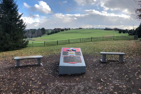 The Woodstock monument with the festival site beyond the fence.