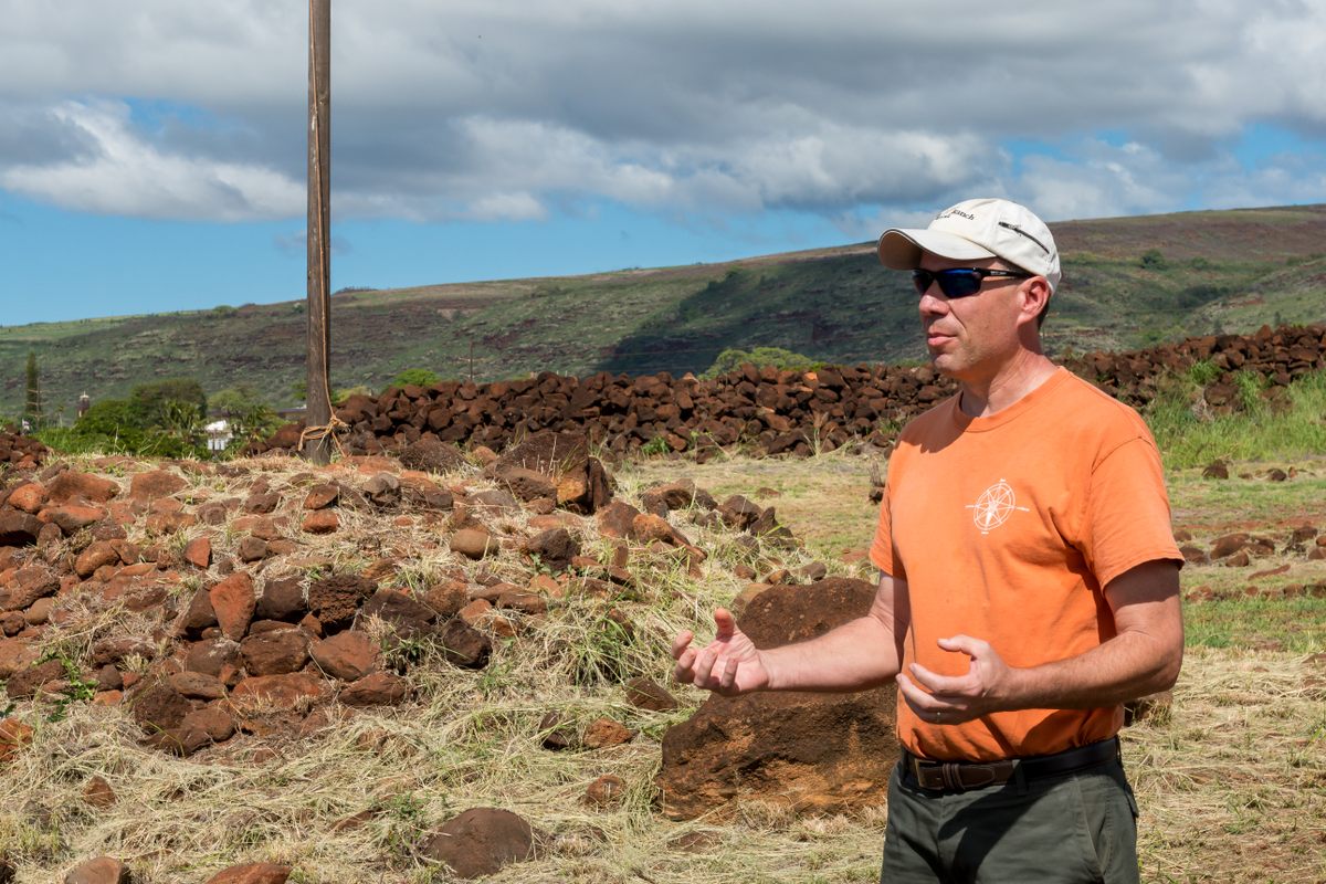 “I would love to sit down and talk to this guy for an hour, you know, just to talk to [Kaumuali‘i]," says anthropologist Peter Mills, here leading a tour of the fort. 