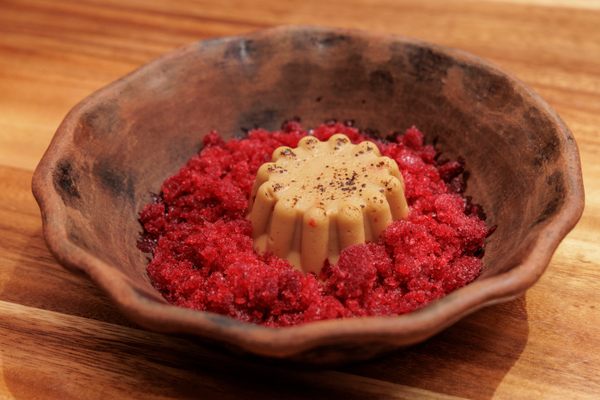 For dessert, the nicautole, a pre-Hispanic corn-thickened gelée, accompanied by a prickly pear granita. 