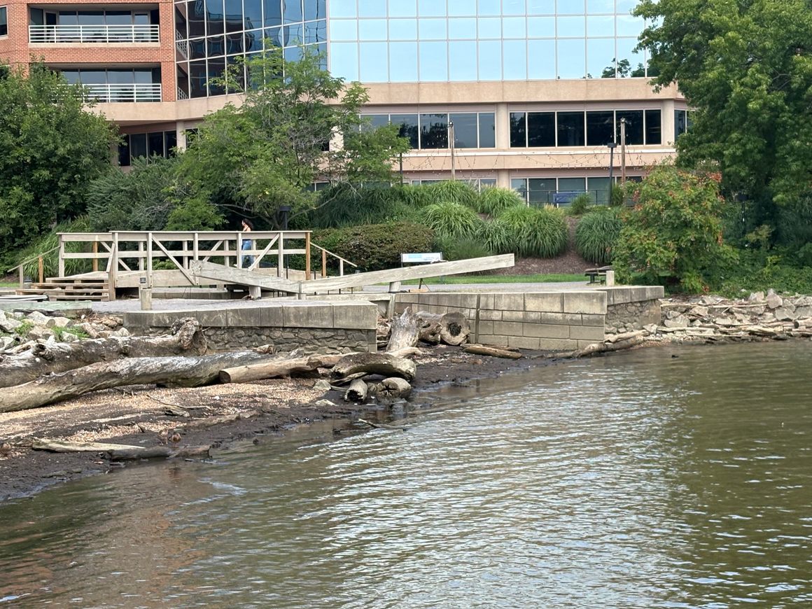 “Original and reconstructed stonework meets the shifting debris of the river.”