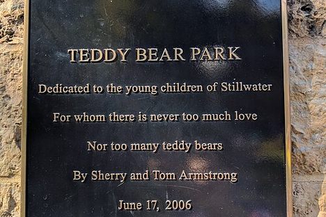 Teddy Bear Park plaque unmasking its formerly anonymous donors