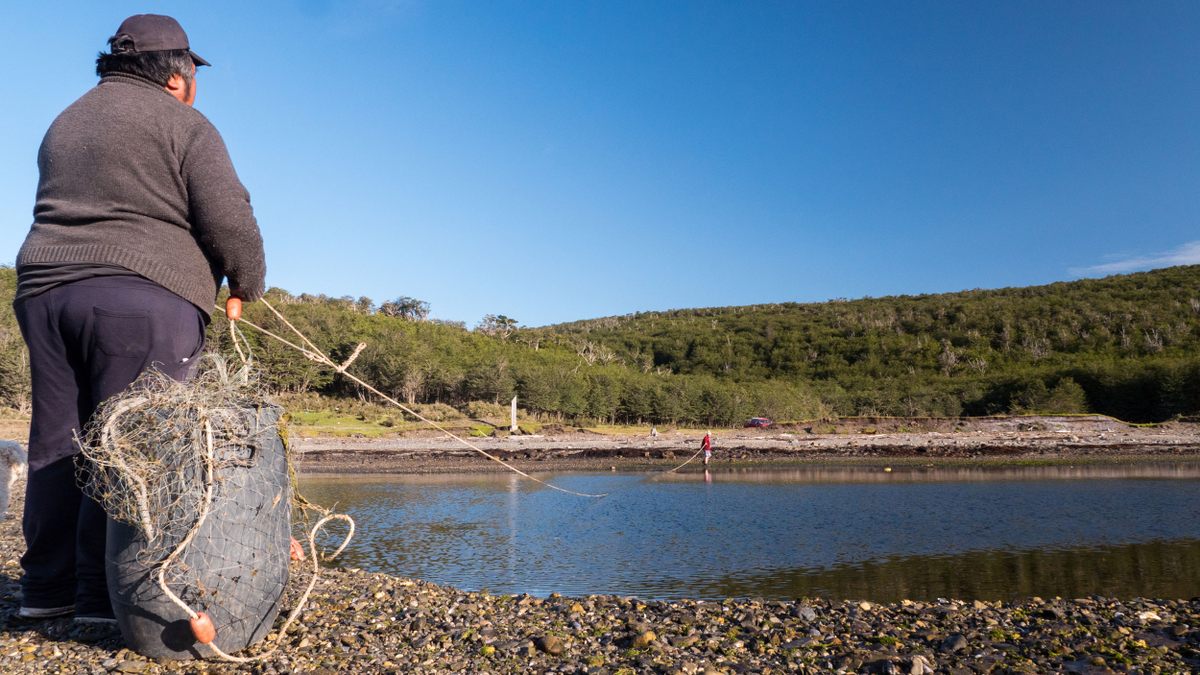 González Calderón sets a net for robalo (Patagonian blennie) in a natural fish trap in a bay near Bahía de Mejillones.