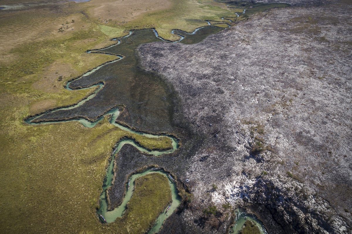 Waterways snake through eastern Angola, in this case providing a barrier to a wildfire (probably started by humans). The team’s canoes can in the water at bottom.