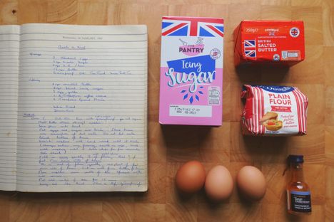 The diary's recipe for bûche de Noël, along with a few of the ingredients needed to make it.