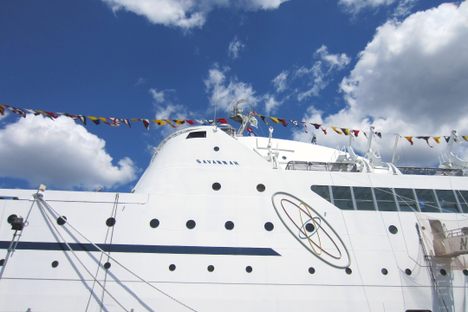 Nuclear Ship Savannah from the side, docked in Baltimore. Check out that elongated atomic design.