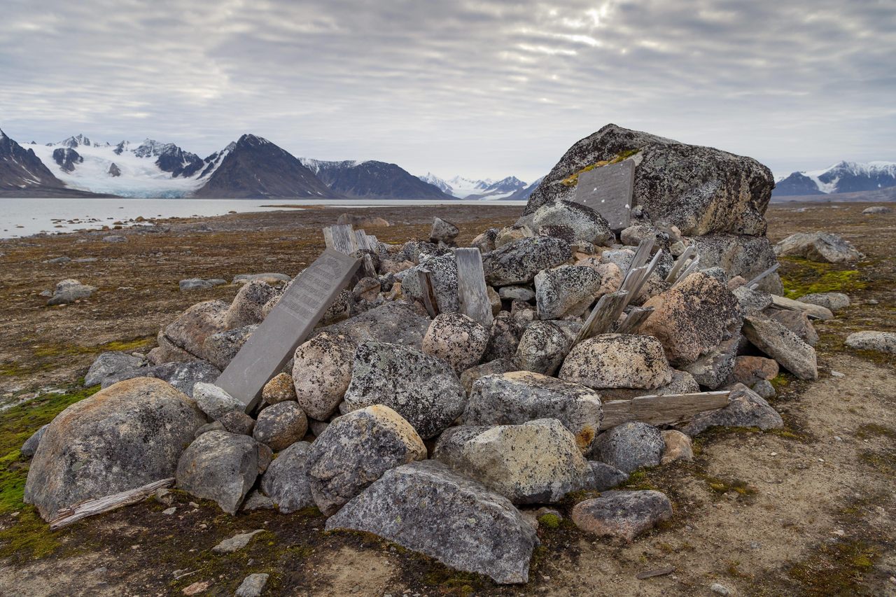 Remains of whalers' wooden coffins and gravestones at Smeerenburg, in the northwest region of the Svalbard Archipelago.