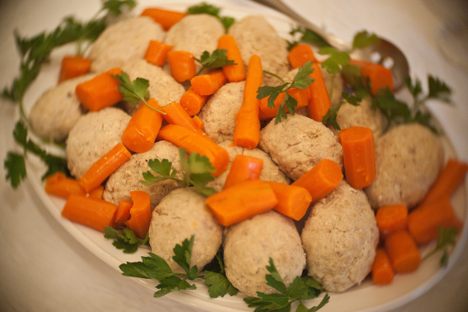 Gefilte fish is usually eaten at Passover, and is traditionally made of fish such as carp and pike.