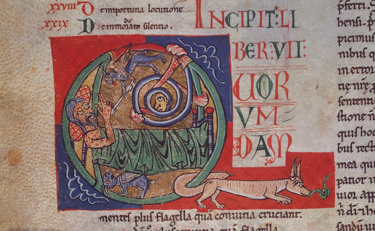 A 12th-century commentary on the Book of Job shows Satan transmitting a disease to him.