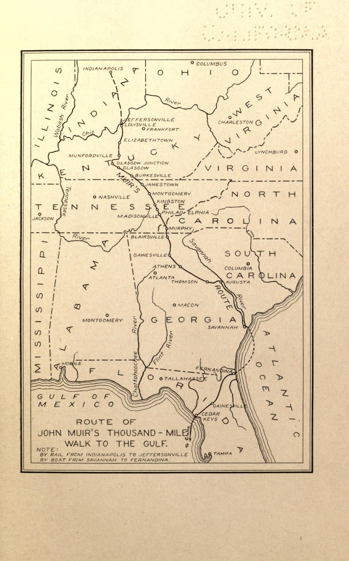 A map of Muir's 1867 journey, from his book A Thousand-Mile Walk to the Gulf.