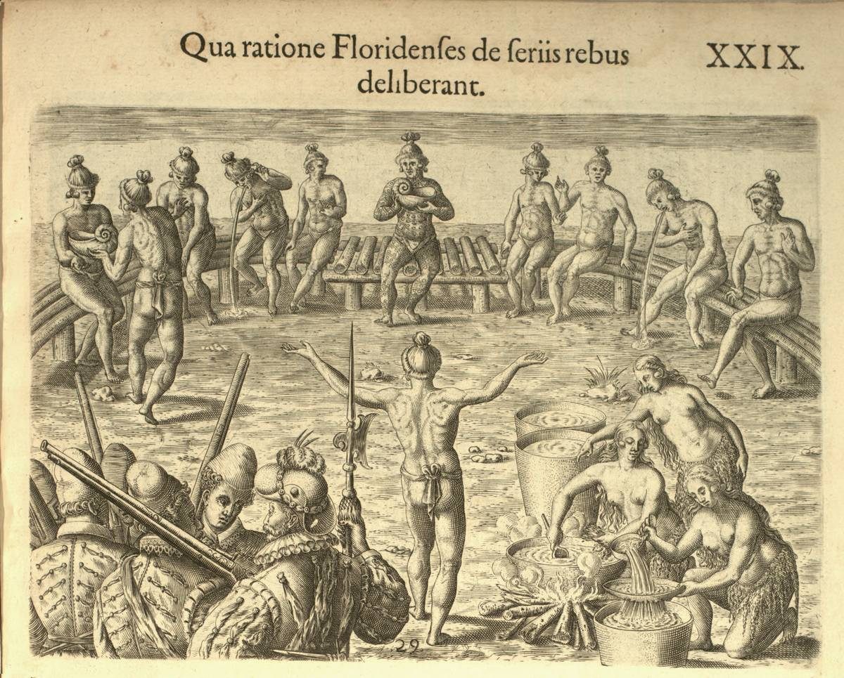 At a council, the chief sits at the place of honor surrounded by his advisors. Cassina is prepared by women in the foreground. 