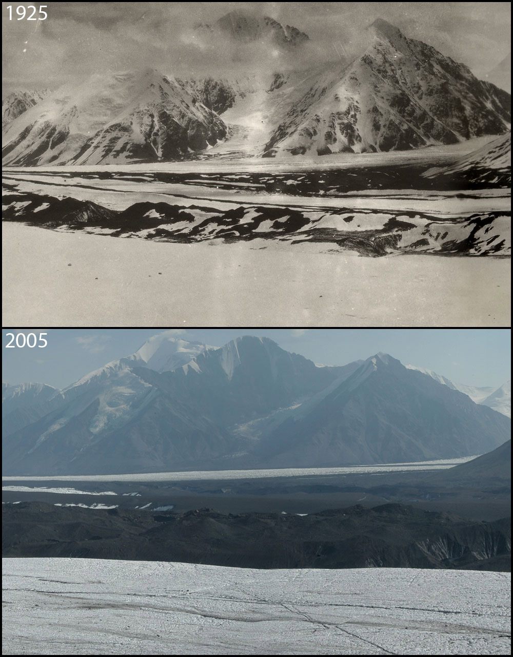 Glacial retreat is visible in this photo series of Muldrow Glacier in Alaska's Denali National Park and Preserve.