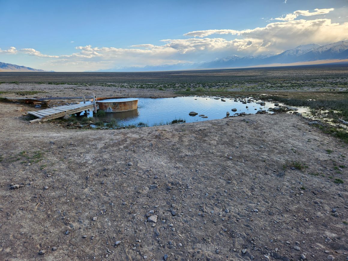 One of the pools at Spencer Hot Springs.  Looking south down Big Smoky Valley; Toiyabe Range to the right.
