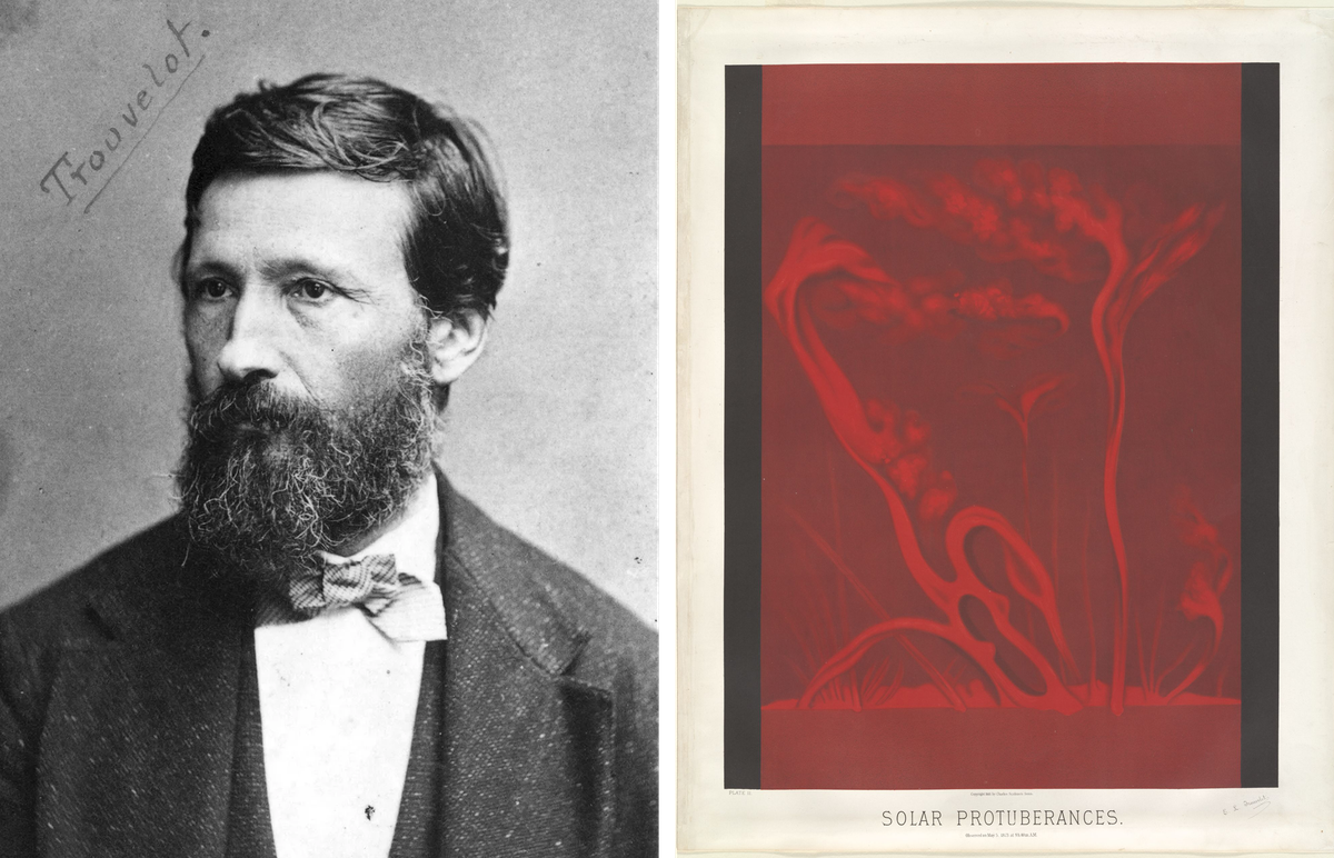 Trouvelot (left) was a gifted observer and lithographer; the style of illustrations such as his 1873 "Solar Protuberances" (right) reflected his early interest in biology.