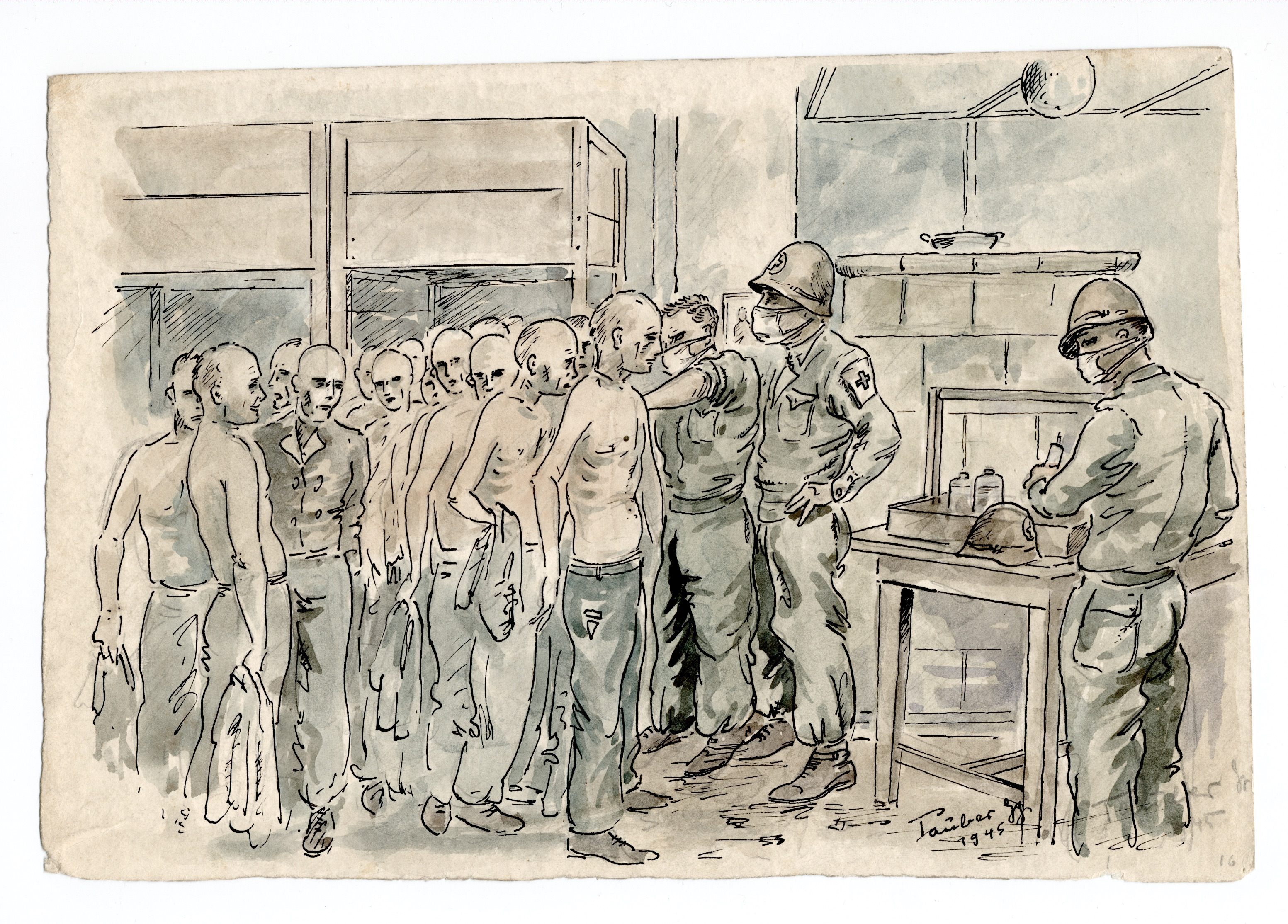 After the prisoners are liberated, American soldiers vaccinate them in a barrack.