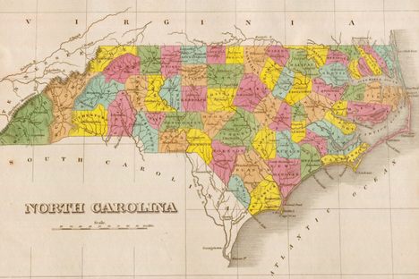 An 1826 map of North Carolina, with counties, roads, settlements, and topographical features. 