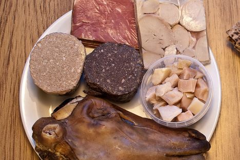 A spread of traditional foods for Þorrablót, including sour rams' testicles.