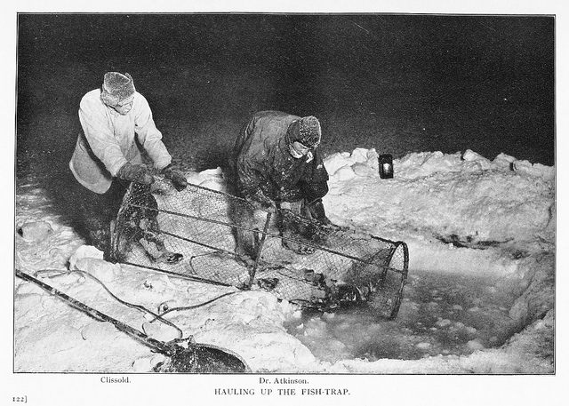 A 1922 black-and-white photograph by Herbert Ponting. In early expeditions, most art focused on the basics of life on the new continent.