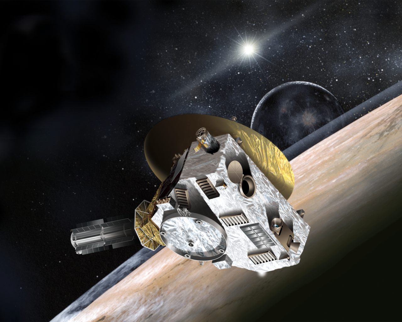 NASA commissioned this artistic concept of what New Horizons—the spacecraft carrying one ounce of Clyde Tombaugh's cremated remains—looked like as it passed Pluto.