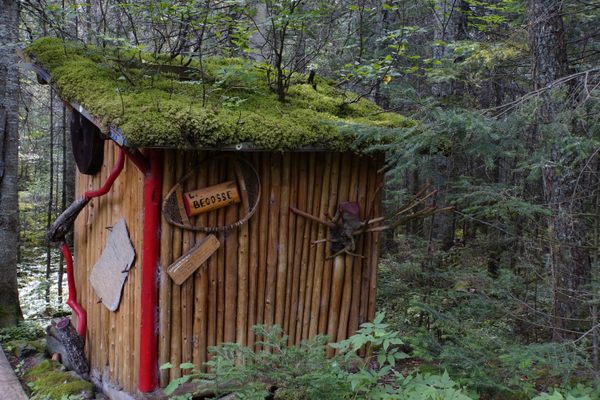 Fanciful outhouse in the Groulx Mountains.