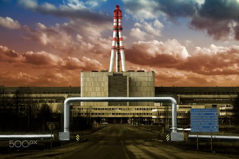 Ignalina Nuclear Power Plant with its iconic red tower