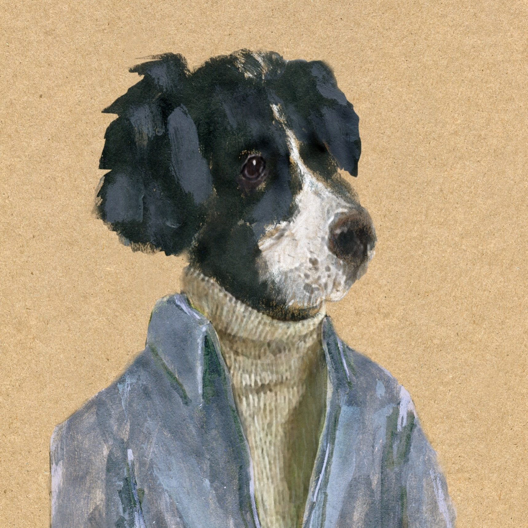 John Cerasulo's painting of a dog in a sweater. 