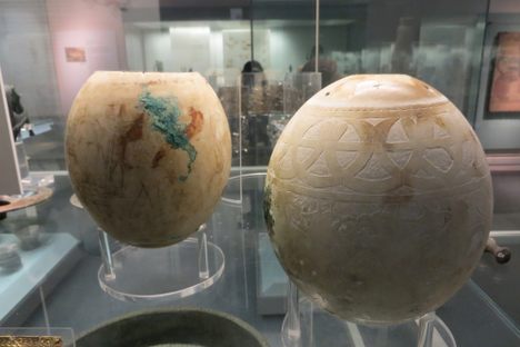 Two decorated ostrich eggs in the British Museum, from the so-called Isis Tomb from Italy's ancient Etruria.