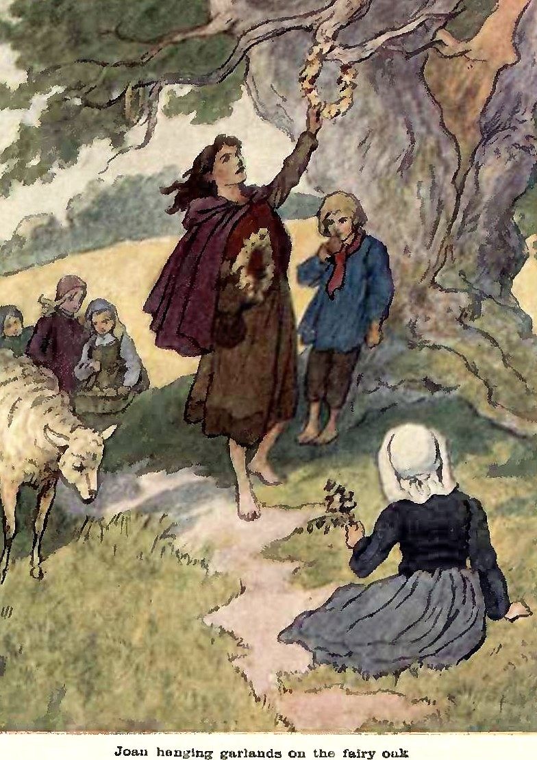 "Joan hanging garlands on the Fairy Oak" illustration by J. Jellicoe, 1906.