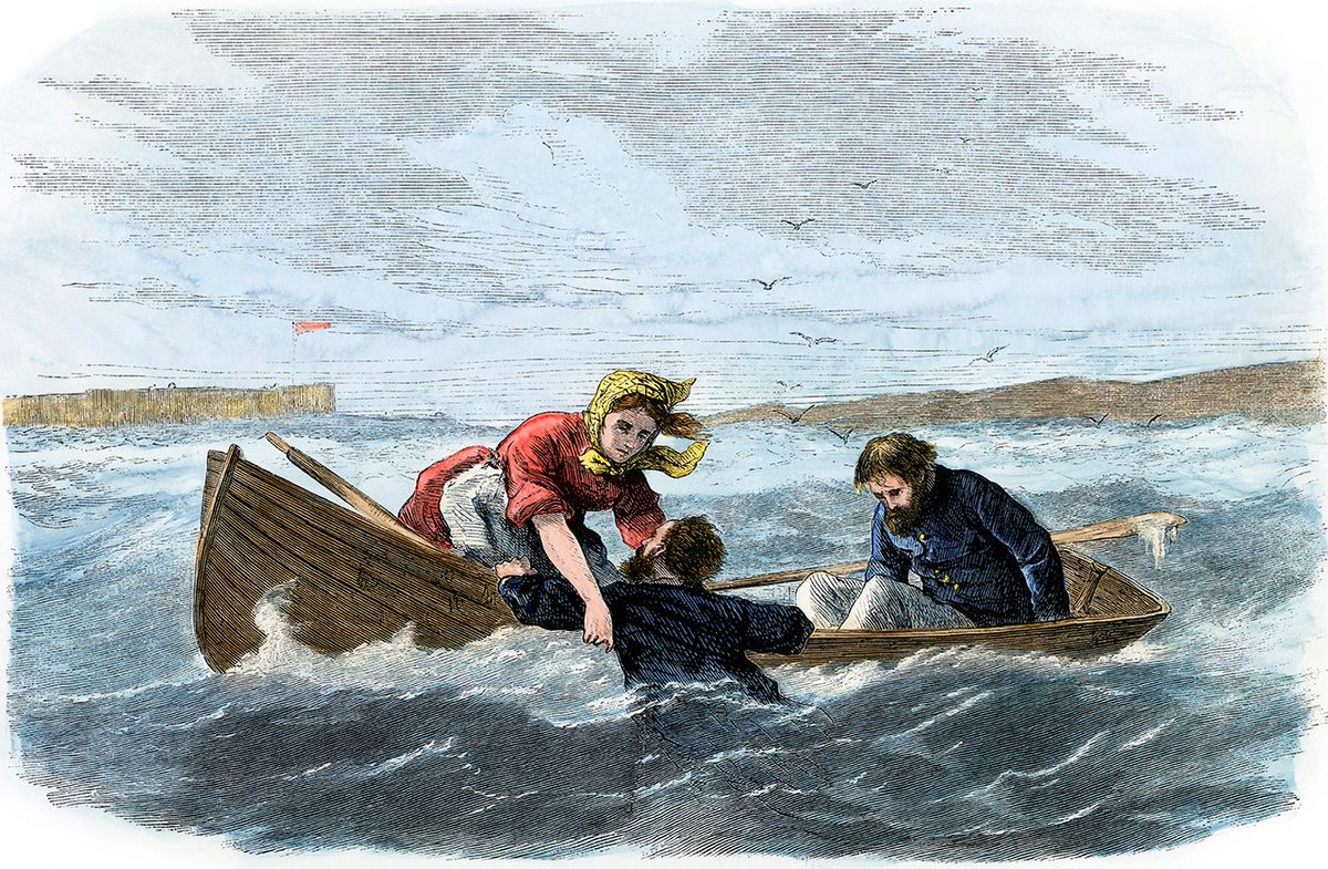A hand-colored 1869 woodcut depicting lighthouse keeper Ida Lewis rescuing two soldiers from drowning off Newport, Rhode Island.